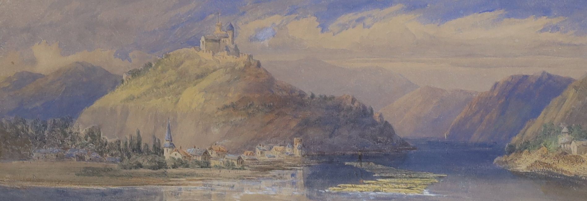 Emma Oliver, R.I., (1819-1885) watercolour, Continental river landscape, 12.5 x 34cm